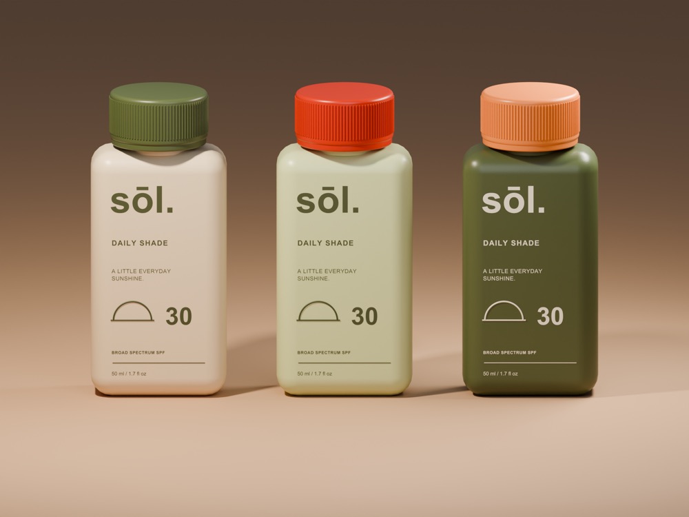 Colorways: three sôl sunscreen bottles side by side, in sand with an olive cap, sage with a vermilion cap and deep olive with an orange cap.