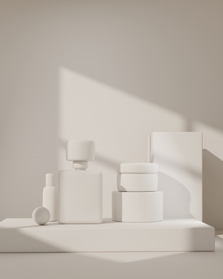 The bare clay 3D model of the perfume bottle, vial and jar in window light, before any materials are applied.