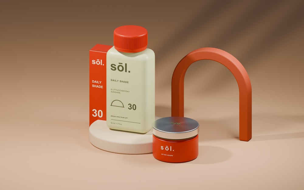 Hero image: a sôl Daily Shade SPF 30 sunscreen bottle with a vermilion cap, its carton and an After Hours balm jar, framed by a terracotta arch on an apricot set.